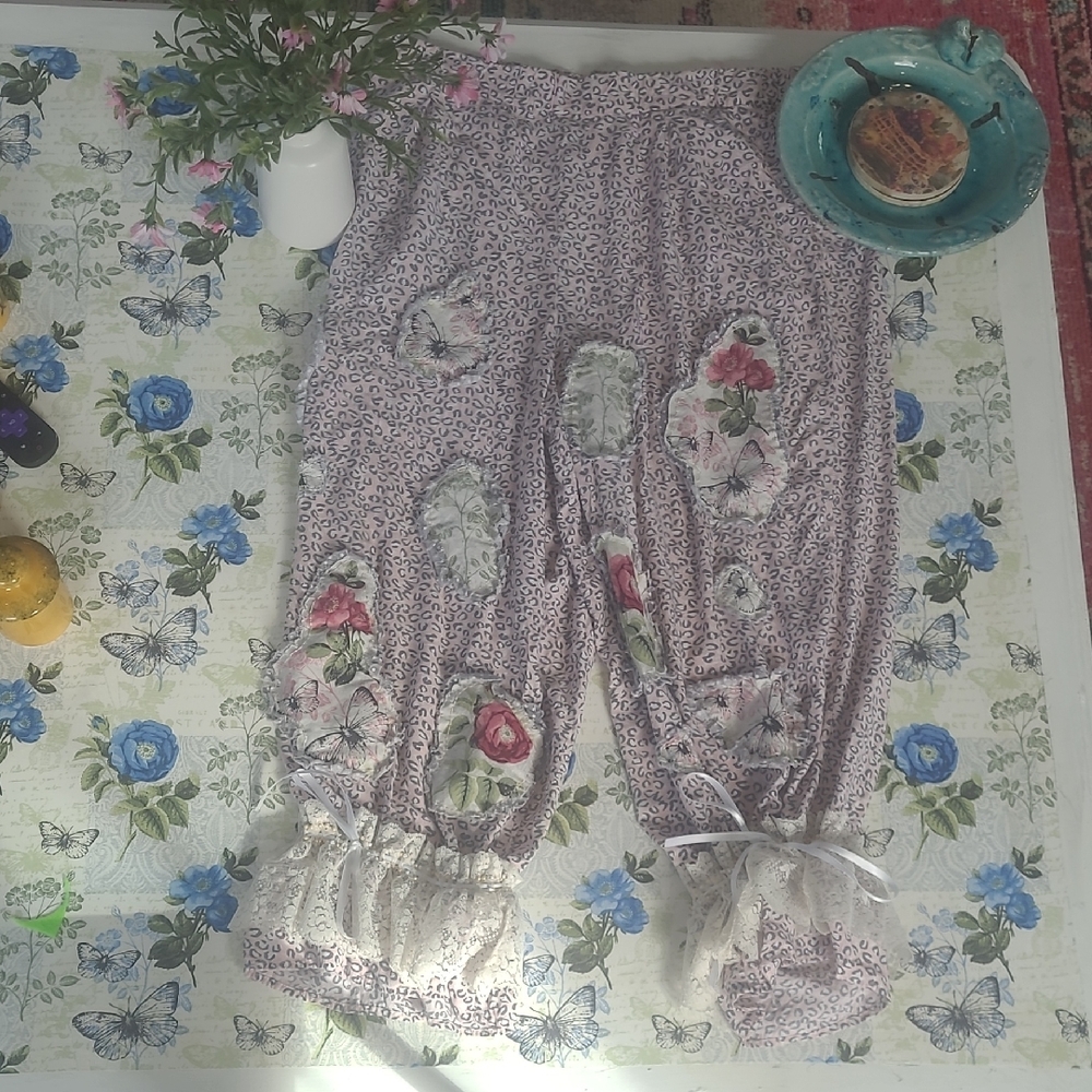 Lavender Animal Print Ragged Patch Floral Patchwork Ruffle-Hem Casual Bloomers